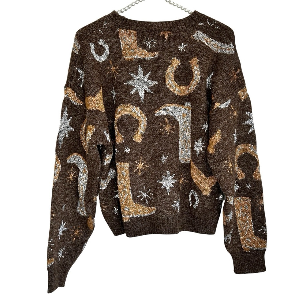 Zara Metallic Cowboy Boot Horseshoe Sweater Small Western Novelty Rodeo Oversize